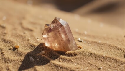 Crystal Quartz Gemstone Resting on Sandy Desert Surface.