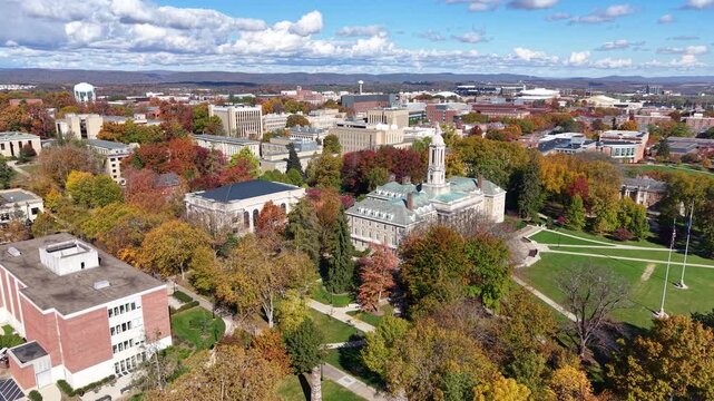 PENNSYLVANIA - 11.10.2025 - Fantastic aerial footage approaching Penn State University's Main Building.