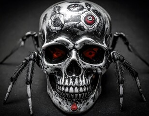 A macabre fusion, a skull embellished with intricate designs, its eye sockets glowing crimson, sprouting spider-like limbs against a dark backdrop
