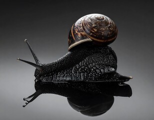 A macro shot of a single snail on a reflective surface, showcasing its detailed texture and shell. Dark tones highlight the slug's form