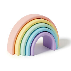 Perspective view of a 3D pastel rainbow toy, stacking arches for child play and education isolated on transparent background