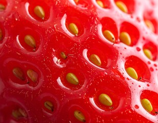 A macro shot of a vibrant, ripe red fruit's textured surface, detailing the tiny, embedded seeds. Focus on the juicy exterior