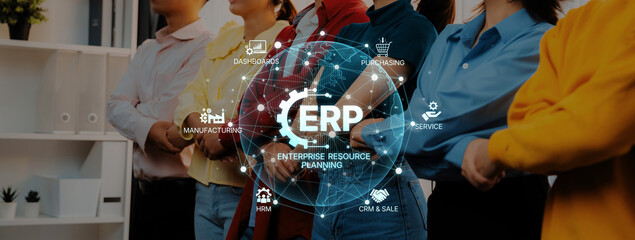 A diverse group of professionals showcases teamwork and collaboration in a modern office,...