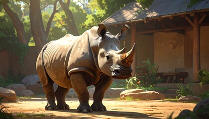 A large, tan rhinoceros stands majestically in front of a rustic wooden structure, under the shade of lush green trees
