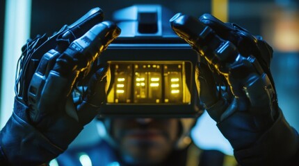 A closeup of a workers hands operating a virtual reality headset immersed in a training module designed to enhance skills in machine operation.