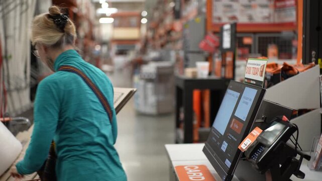 A mature woman shops in a hardware store looking for materials to pack and ship her family heirlooms carefully to preserve their legacy.