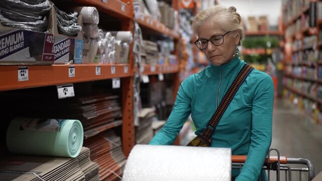 A mature woman selects packing materials for shipping her familys heirlooms at a hardware store. She examines options carefully.