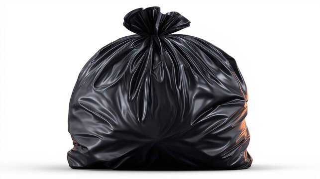 A black plastic garbage bag tied at the top, featuring a smooth, glossy surface. Ideal for waste disposal and organization.