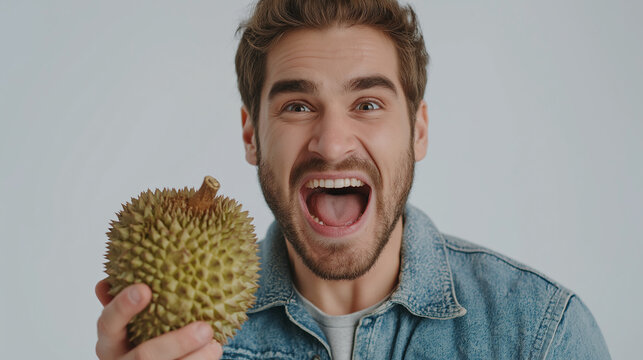 A joyful man excitedly holds a spiky durian fruit, showcasing his enthusiasm with a big smile against a light background.
