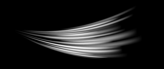Abstract white wind lines effect. Air stream flow wave motion trace. Swoosh or splash stripe path design illustration. Light curved speed element. Air conditioner blow concept. Vector twirl background