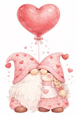 Gnome couple under heart-shaped balloon, watercolor style, isolated on white background