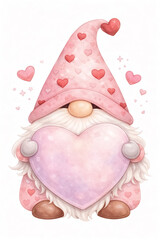 Gnome holding big pastel heart, watercolor clipart, isolated on white background