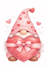 Gnome couple dancing with hearts, watercolor style, isolated on white background