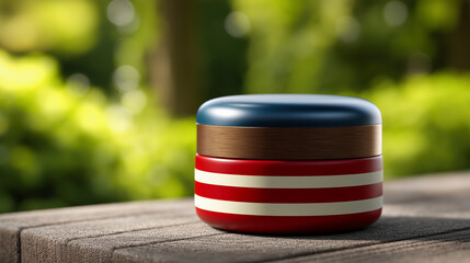 A stylish container with a blue lid, wooden band, and striking red stripes rests on a textured surface, surrounded by a lush green background.