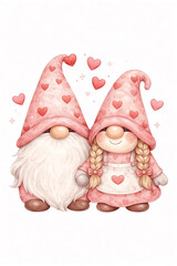 Gnome couple holding hands with hearts, watercolor clipart, isolated on white background