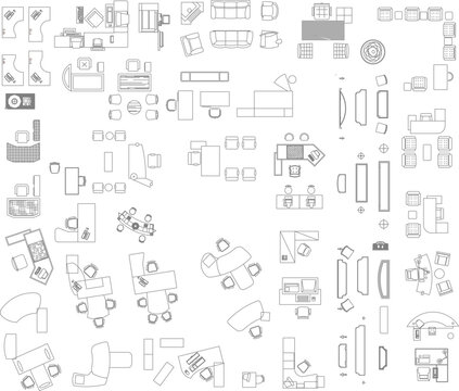 Comprehensive vector library of top-view commercial furniture, featuring diverse office workstations, executive desks, reception counters, and conference sets for professional floor plans.