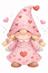 Gnome girl with heart dress, watercolor style, isolated on white background