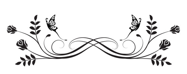 Floral  ornament with roses flowers and butterfly. Text divider. Graceful decorative element for decor and text greeting or invitation card design.