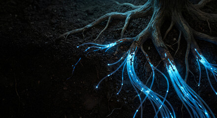 Conceptual illustration of tree roots transforming into glowing blue fiber optic cables in dark soil, representing the integration of nature and digital connectivity