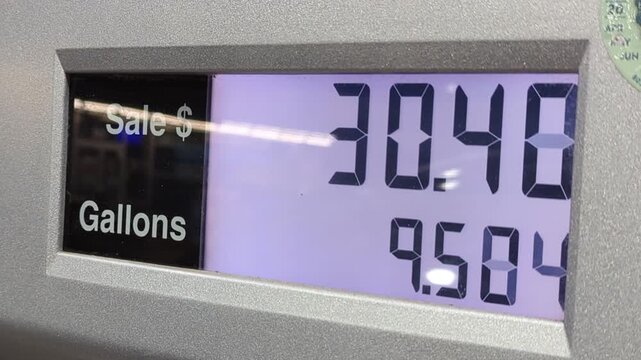 Gasoline Price Counter on Display at Night Showing Gas Sale on Digital Display. High Inflation in USA. Screen Fuel Price Increase Due to Inflation. Pumping Gas High Price Numbers.