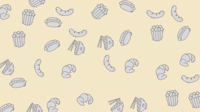 A hand-drawn style seamless pattern with outline illustrations of various food and drink items on a light beige background. Cute and simple design suitable for various creative projects.