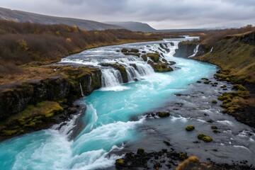 Obraz premium Waterfall with Turquoise Glacial River