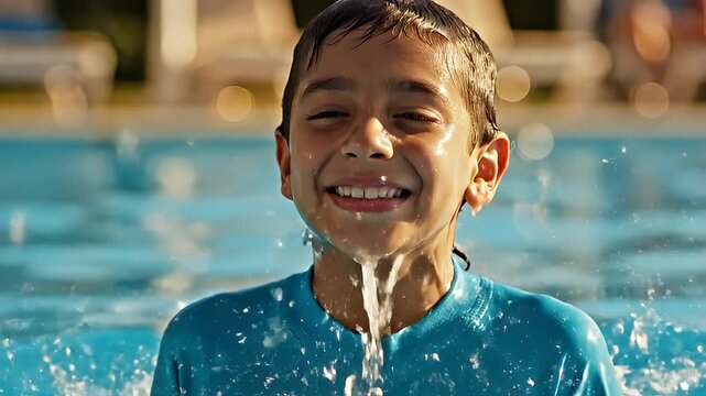 Joyful Child Swimming and Playing in Pool.