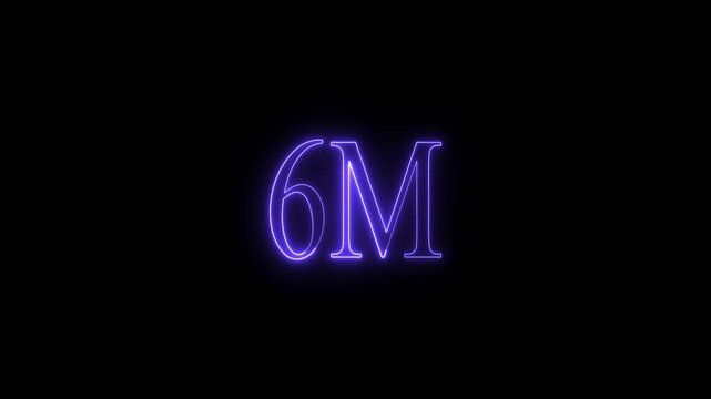 "Glowing blue and purple neon 6M text animation on a dark black background for social media milestones, 6 million followers celebration, and creative digital achievement concepts."