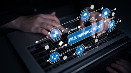 This image captures a user managing files on a laptop, showcasing various digital tools for data organization. Icons illustrate cloud storage, backup, and compression. Tessel