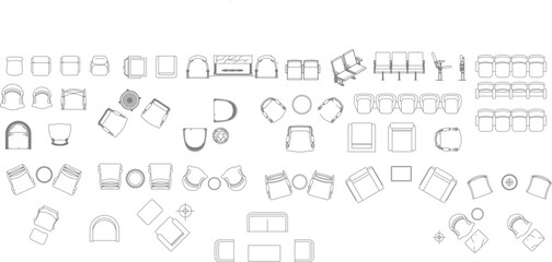 Comprehensive collection of technical vector symbols for public seating and waiting areas in top view, featuring airport-style tandem seating, theater chairs, lounge arrangements, and cafe sets. © Riki
