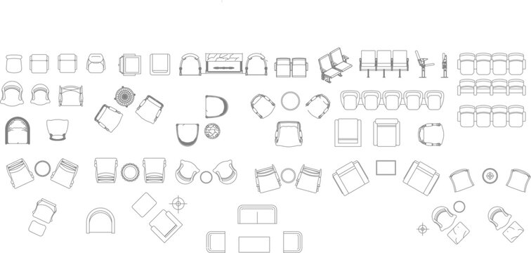 Comprehensive collection of technical vector symbols for public seating and waiting areas in top view, featuring airport-style tandem seating, theater chairs, lounge arrangements, and cafe sets.