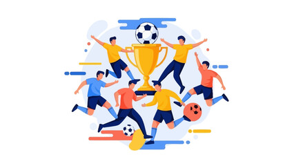 Obraz premium Crowd of soccer fans celebrating victory with trophy cup and ball. Vector illustration