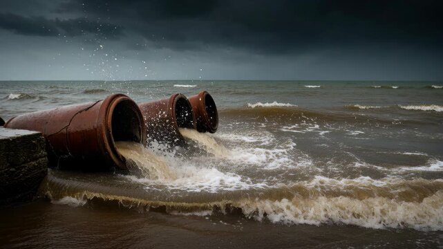 Toxic Outflow: A stark portrayal of environmental devastation, as pollutants spew from pipes, contaminating the once-pristine water of the sea, under a menacing sky.