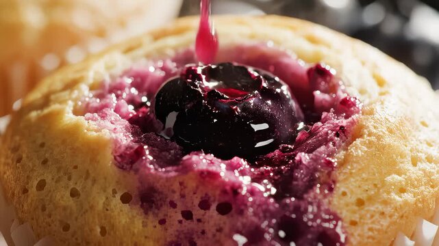 Blueberry Muffin Gets Topped With Blueberry Sauce Close Up View