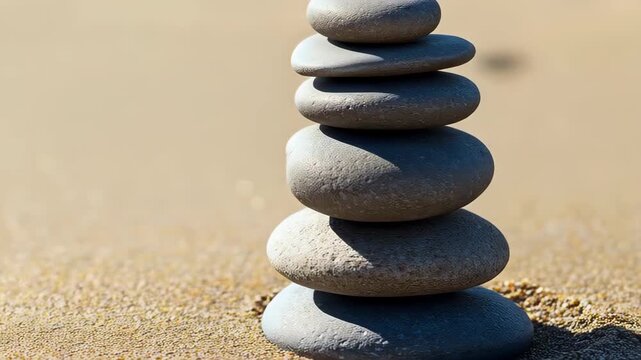 Stone Stack Balance on Sandy Ground: A collection of smoothed, gray stones meticulously stacked atop each other on the soft, grainy surface of the beach, creating a serene balance.