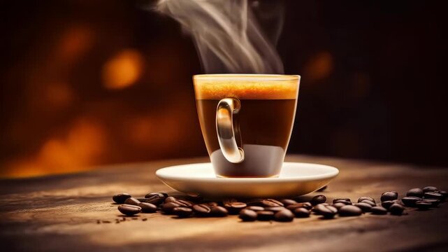 Coffee Cup Serenity: A steaming cup of coffee, perched atop a delicate saucer and surrounded by scattered coffee beans, emanates a warm, inviting aroma, promising a moment of pure relaxation.