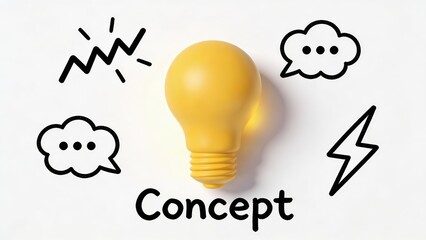 Central yellow 3d light bulb surrounded by hand-drawn brainstorm doodles and the word "concept" on a minimal white background with copy space