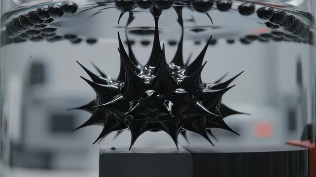 Ferrofluid Forming Spikes Around Magnet in Lab Experiment Close Up