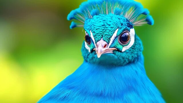 Vivid Peacock Portrait: A stunning close-up of a peacock's head, showcasing its vibrant blue plumage and intricate feathered details, with a backdrop of soft greens and yellows.