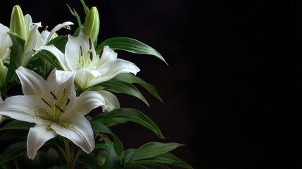 Fototapeta premium White lilies blooming against dark background
