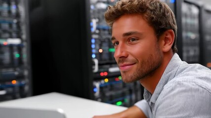 IT Specialist in Data Center: An IT specialist with a look of concentration, working in a modern data center, surrounded by advanced server technology.