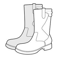 Harness utility boot women sketch pair. Strap detail lug sole mid calf boot outdoor walk garden work casual outfit. Technical fashion illustration CAD mockup vector man unisex isolated classic style.