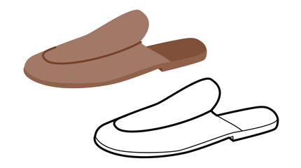 Brown mule slipper shoe women flat plus line set. Open back house sandal for lifestyle magazine cozy project. Technical fashion illustration CAD mockup mixed vector man unisex isolated stylish style.
