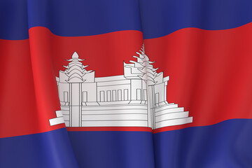 Flag of Cambodia featuring the white Angkor Wat temple centered on a red and blue background