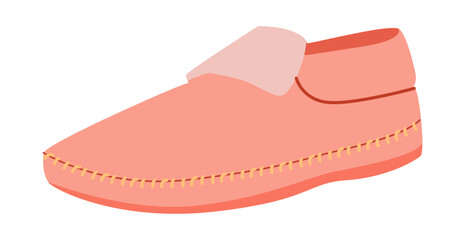 Pink moccasin slipper shoe women flat. Cozy stitched soft footwear for home outfit comfy wardrobe. Technical fashion illustration CAD mockup smooth vector man unisex isolated trendy style.