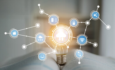 A light bulb symbolizes innovation and technology, surrounded by cloud computing icons representing digital connectivity and modern business solutions in today world. Crux
