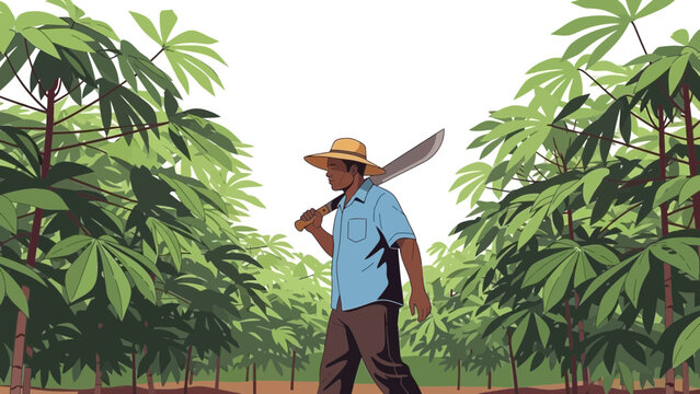 A graphic vector illustration depicts a resilient tropical farmer wearing a straw hat and a blue shirt, walking through a lush green field of cassava plants while carrying a large machete over his sho