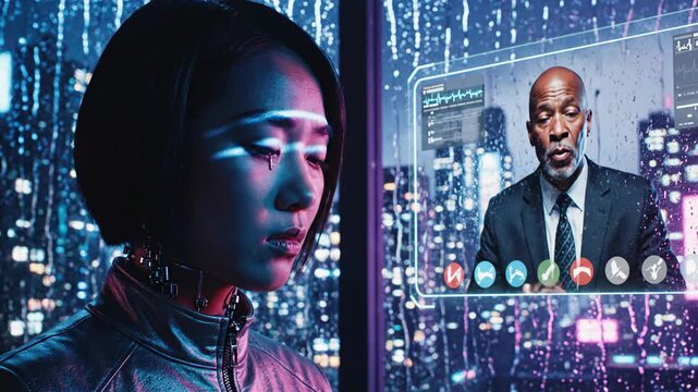 Engaged Person Interacting with Futuristic Digital Window in Night Cityscape