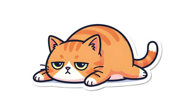 Charming cartoon ginger cat sticker showing a grumpy, sleepy, and lazy expression, lying flat with its front paws stretched out, ideal for adding humor and cuteness to your projects