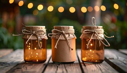 Three glass jars with glowing lights inside, tied with twine and placed on a weathered wooden table with blurred bokeh lights